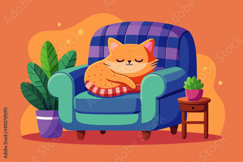 cozy red armchair with a cat sleeping. cute vector illustration