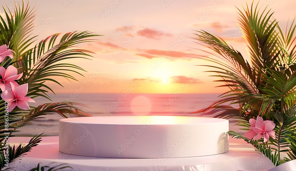 Podium background product display summer beach sunset scene vector 3d rendering with palm tree Podium background product display summer beach sunset scene vector 3d rendering with palm tree