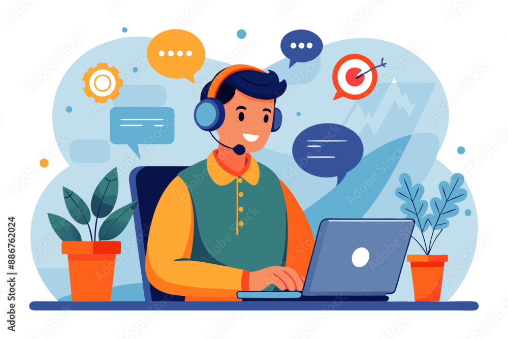 Flat Vector Illustration of a man in Customer Service with Headphones and a Laptop Flat Vector Illustration of a man in Customer Service with Headphones and a Laptop