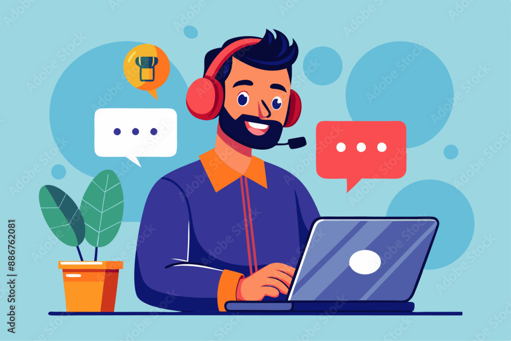 Flat Vector Illustration of a man in Customer Service with Headphones and a Laptop Flat Vector Illustration of a man in Customer Service with Headphones and a Laptop