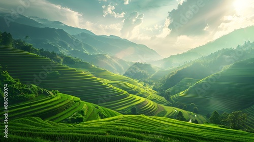 A landscape with terraced rice fields filling
