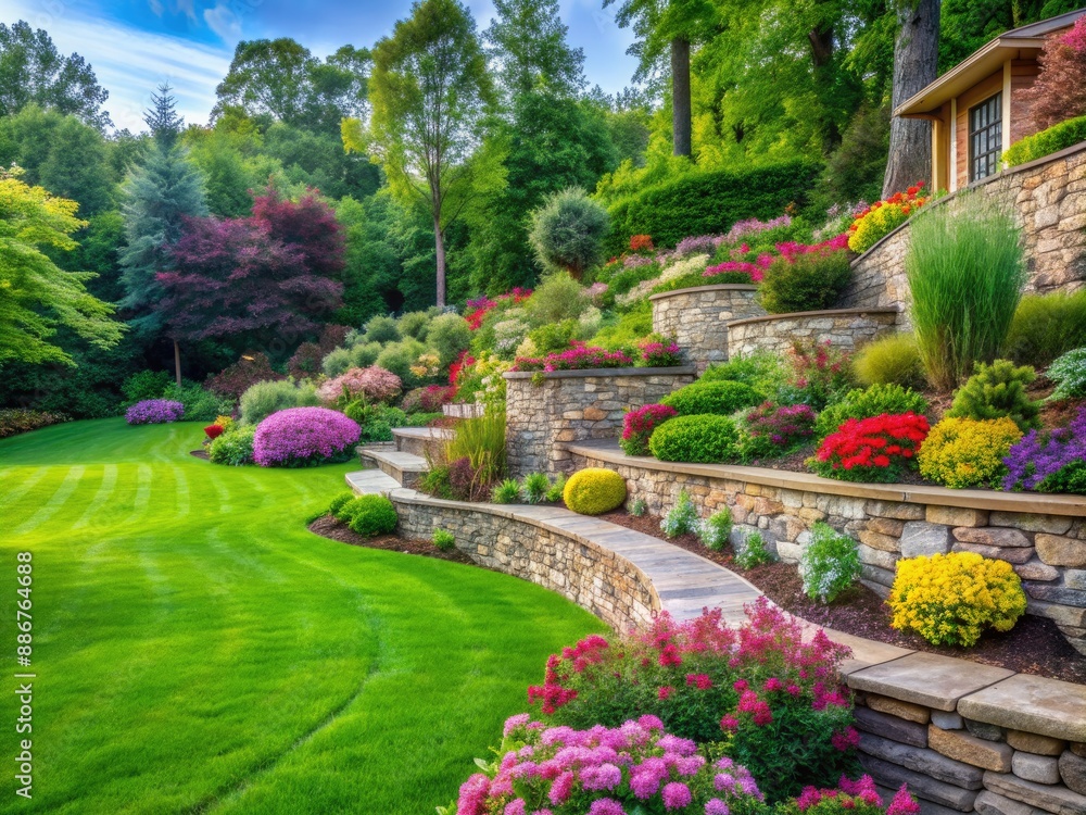 Natural stone retaining wall gently curves through lush green lawn, surrounded by vibrant flowers, shrubs, and trees, creating a serene and inviting backyard oasis. Natural stone retaining wall gently curves through lush green lawn, surrounded by vibrant flowers, shrubs, and trees, creating a serene and inviting backyard oasis.