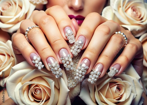 Delicate fingers cradle luxurious pampering as a skilled hand applies sparkling rhinestones to perfectly shaped nails, exuding opulence and high-end beauty salon indulgence. photo