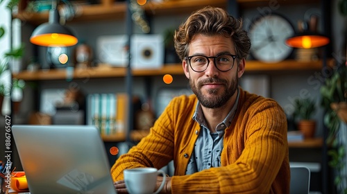 A 40 year old man works at his laptop in a cafe. 