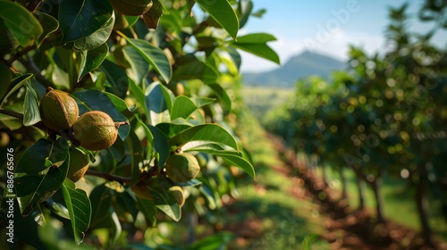 Macadamia plantation with dense trees whose fruits picture