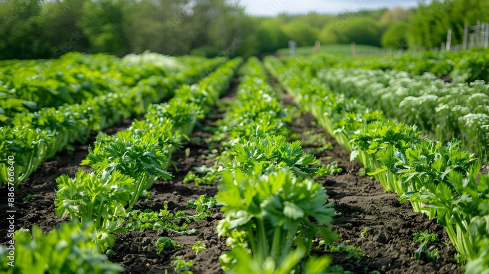 Celery plantation in spring with rows of plants image Celery plantation in spring with rows of plants image