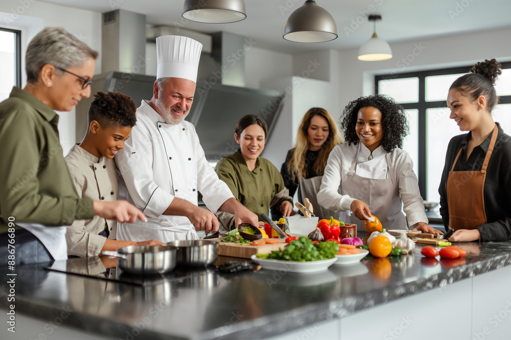A group of people are gathered around a kitchen counter, preparing food together A group of people are gathered around a kitchen counter, preparing food together