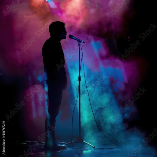 dramatic concert stage with silhouetted singer neonlit microphone stand glowing in smoky atmosphere dynamic energy and motion blur