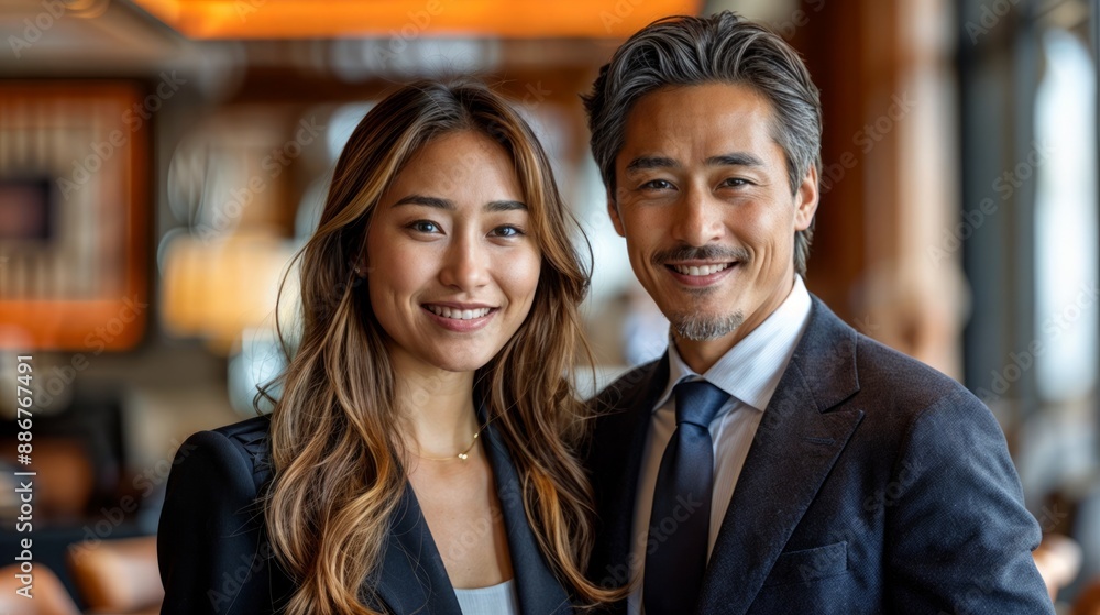 A man and a woman are dressed in a business suit. They are both smiling and are in an office space with modern decor. A man and a woman are dressed in a business suit. They are both smiling and are in an office space with modern decor.