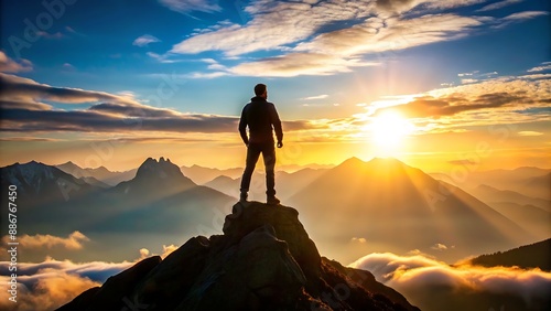 silhouette of a person in the mountains , standing with a pride , goal and success concept