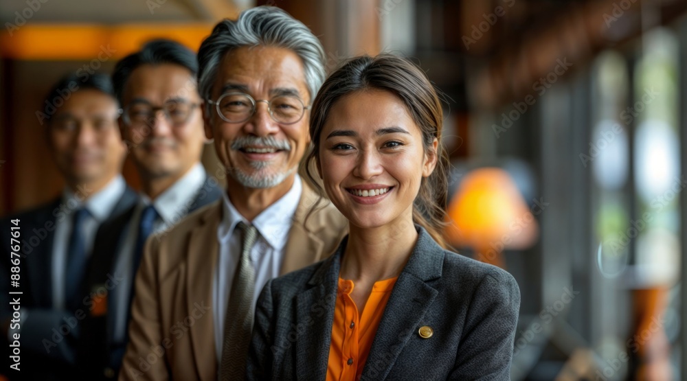 The office staff stands in a row one by one. At the front, a girl smiles. A healthy working atmosphere. The office staff stands in a row one by one. At the front, a girl smiles. A healthy working atmosphere.