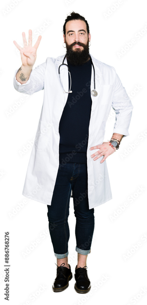 Doctor with long hair wearing medical coat and stethoscope showing and pointing up with fingers number four while smiling confident and happy. Doctor with long hair wearing medical coat and stethoscope showing and pointing up with fingers number four while smiling confident and happy.