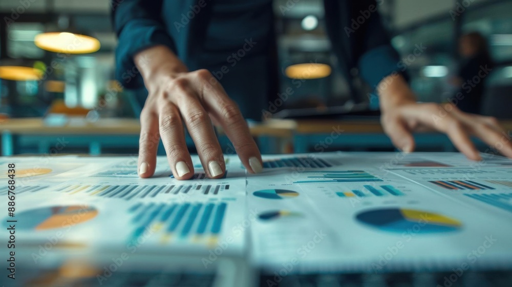 Close-up of business person's hands analyzing financial charts and graphs on a desk during a meeting in a modern office. Close-up of business person's hands analyzing financial charts and graphs on a desk during a meeting in a modern office.
