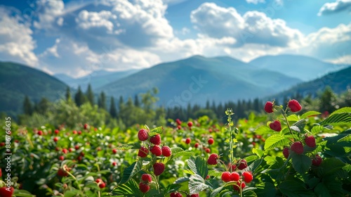 Raspberry fields in summer with bushes strewn photo