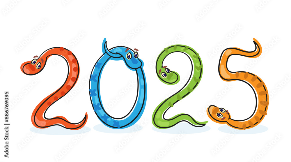 Funny snakes are the symbol of Chinese New Year 2025. Isolated on white background. Vector flat illustration. Funny snakes are the symbol of Chinese New Year 2025. Isolated on white background. Vector flat illustration.