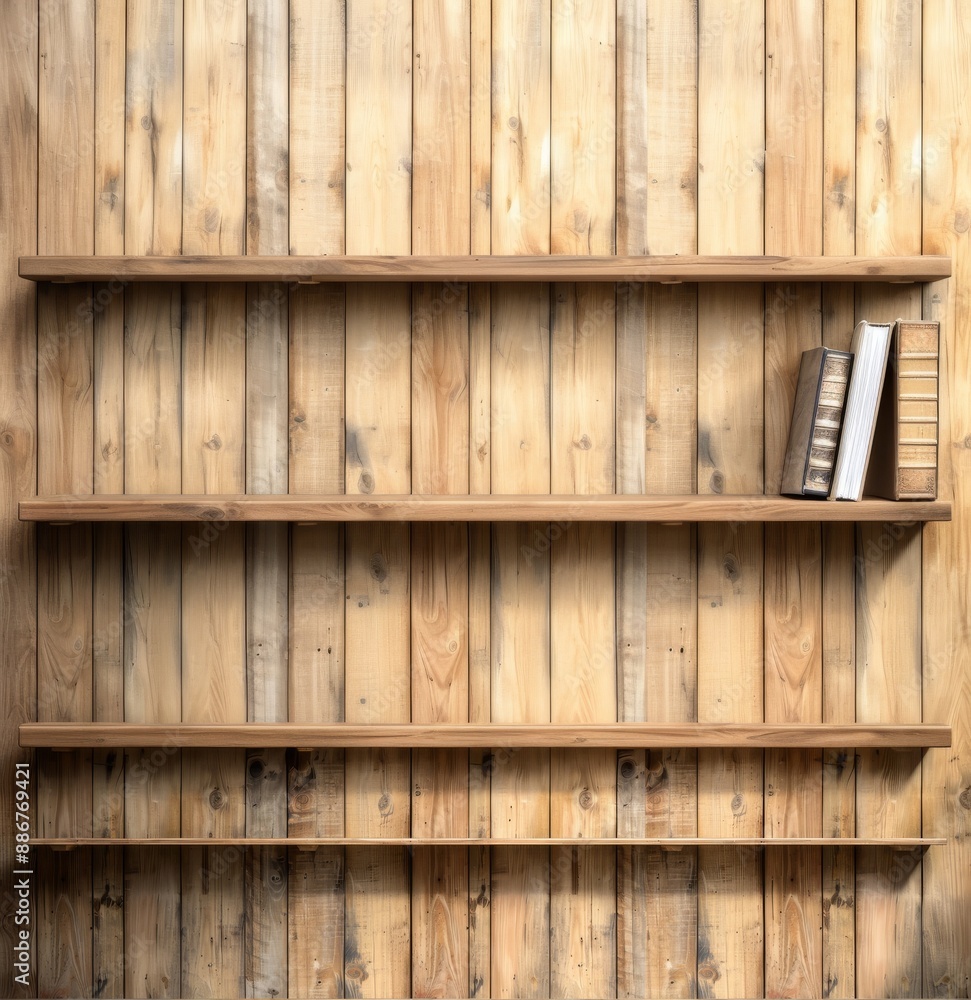 Wooden wall-mounted shelves with a rustic appearance. Sparse books arranged neatly on right. Ideal for any space. Warm and inviting design. Wooden wall-mounted shelves with a rustic appearance. Sparse books arranged neatly on right. Ideal for any space. Warm and inviting design.