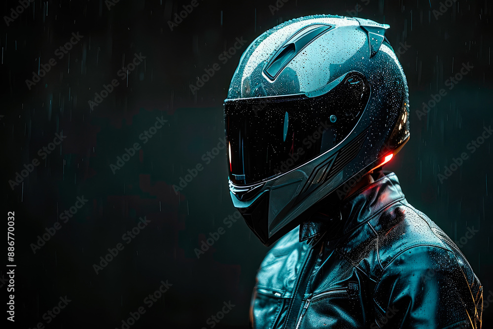 Side view of a motorbike raider with dark tones while it rains on a dark background with copy space