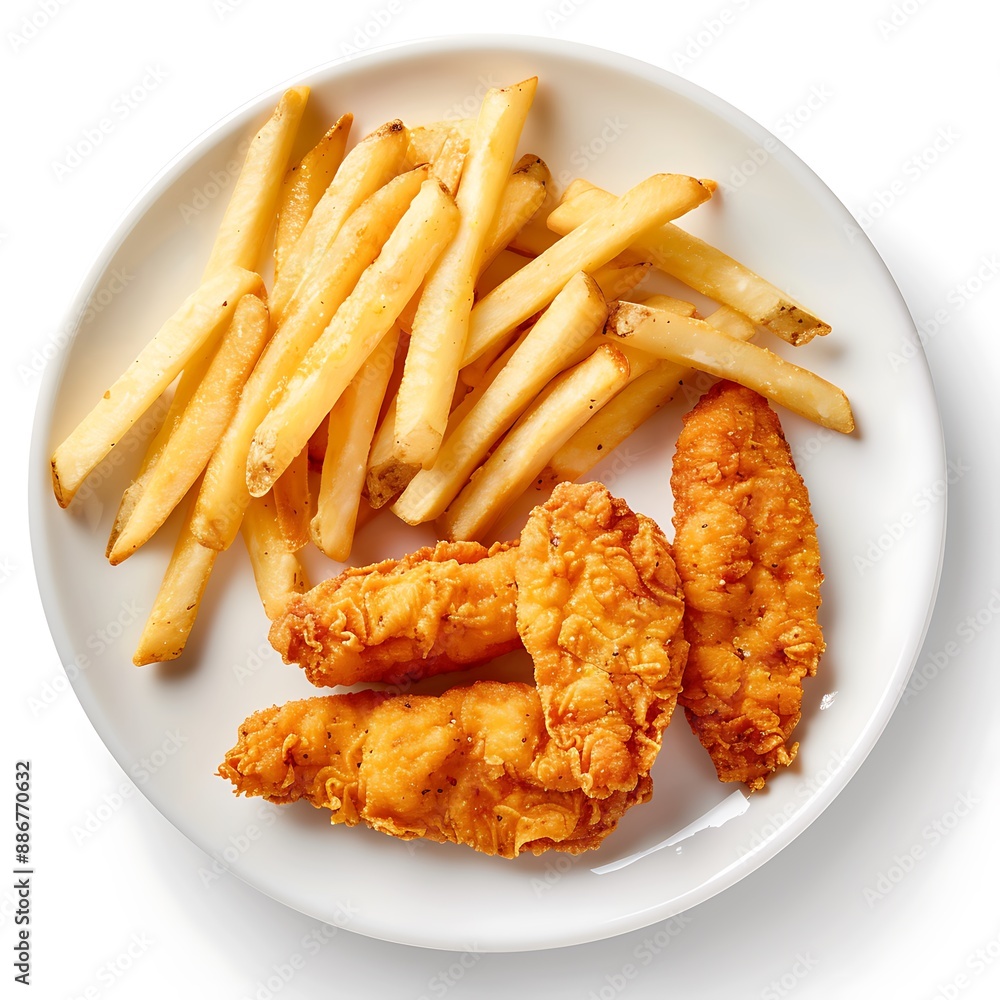 A white plate with chicken strips and fries, aerial view A white plate with chicken strips and fries, aerial view