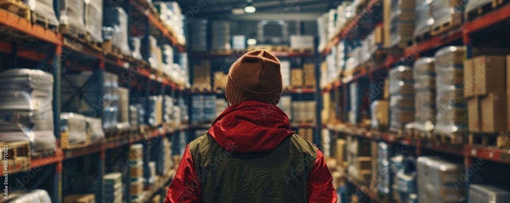 Fototapeta premium Person in a jacket and beanie exploring a large warehouse filled with neatly organized shelves and various items.