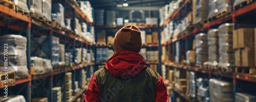 Person in a jacket and beanie exploring a large warehouse filled with neatly organized shelves and various items.