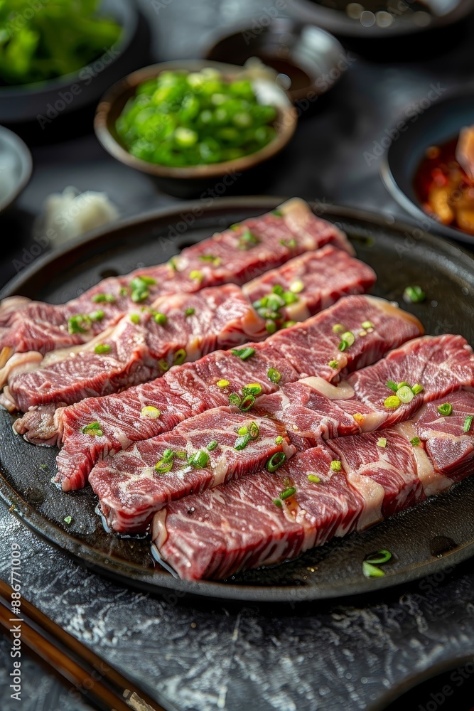 Freshly sliced raw beef short ribs garnished with green onions, ready for grilling, served on a black slate platter.