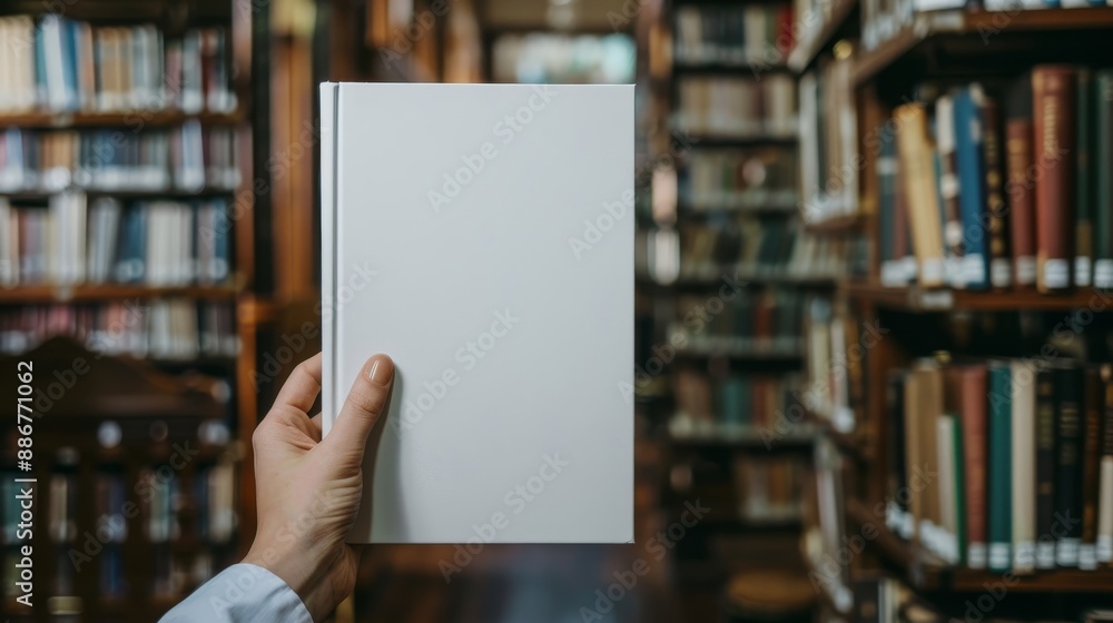Hand holding a blank book inside a library, surrounded by shelves of books and wooden furniture, suggesting reading and learning. Hand holding a blank book inside a library, surrounded by shelves of books and wooden furniture, suggesting reading and learning.