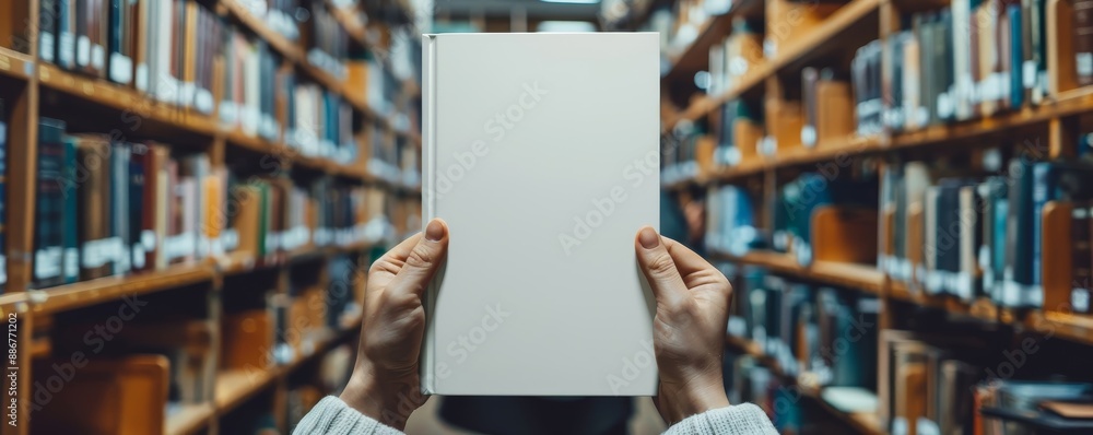 Person holding a blank book in a library aisle filled with bookshelves and books, symbolizing knowledge, learning, and imagination. Person holding a blank book in a library aisle filled with bookshelves and books, symbolizing knowledge, learning, and imagination.