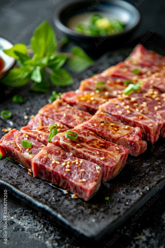 Raw beef strips seasoned with herbs and spices on a black slate plate, ready to be cooked. Garnished with green onions and sesame seeds. Raw beef strips seasoned with herbs and spices on a black slate plate, ready to be cooked. Garnished with green onions and sesame seeds.