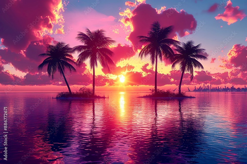 Tropical sunset Palm trees silhouetted against a vibrant sunset Tropical sunset Palm trees silhouetted against a vibrant sunset