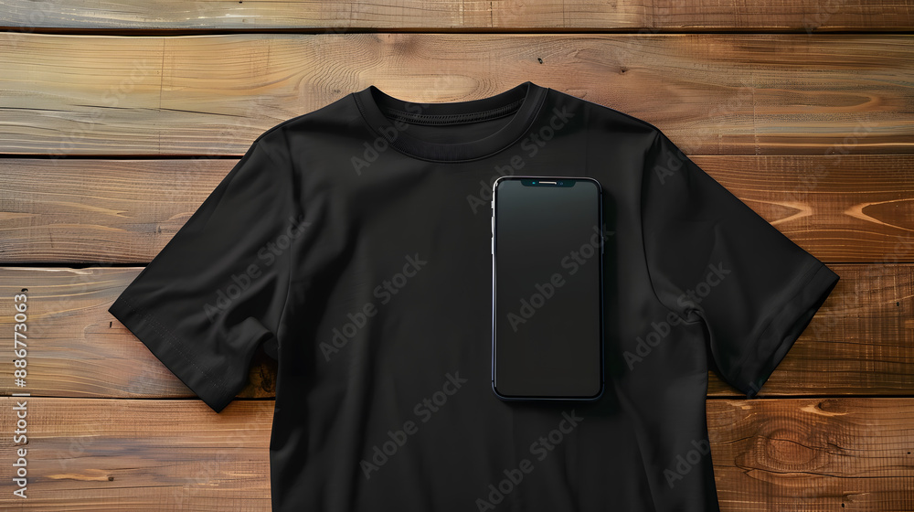Top view of blank black tshirt unisex mockup with empty screen smartphone for design template on wood background Top view of blank black tshirt unisex mockup with empty screen smartphone for design template on wood background