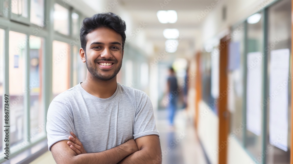 Obraz premium Indian Male University Student Smiling in a Bright Corridor, Embracing Education and Confidence