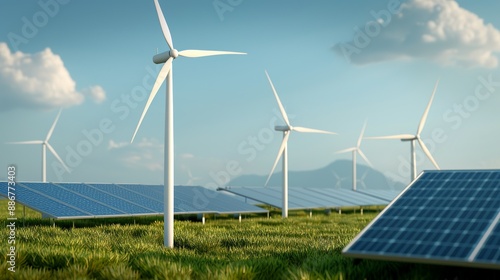 Conceptual illustration of renewable energy solutions, featuring wind turbines, solar panels, and hydroelectric power. Illustration, Image, , Minimalism,