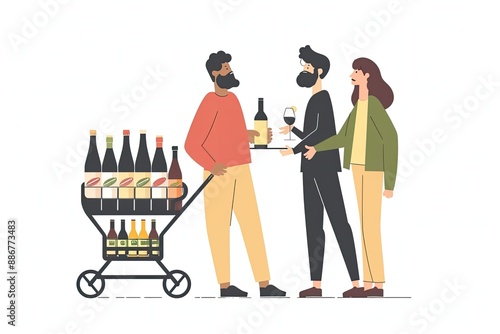 illustration two people are standing next to a cart with bottles