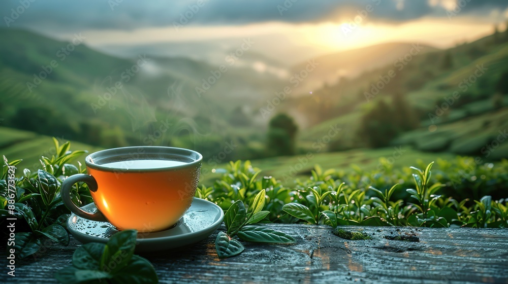 Cup of hot tea and leaf on the wooden table with the tea plantations background Cup of hot tea and leaf on the wooden table with the tea plantations background