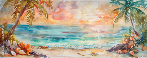 A vibrant watercolor painting of a tropical beach with palm trees swaying in the breeze, turquoise waters, and colorful seashells scattered along the sandy shore. The sky is painted in warm hues of