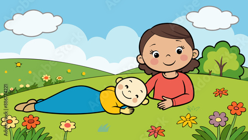 happy mother and baby laying on a meadow