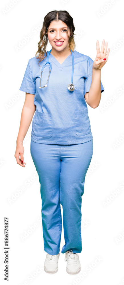 Young adult doctor woman wearing medical uniform showing and pointing up with fingers number four while smiling confident and happy. Young adult doctor woman wearing medical uniform showing and pointing up with fingers number four while smiling confident and happy.