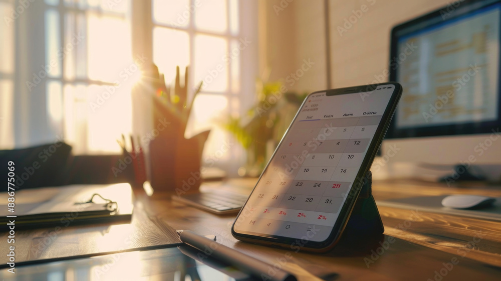 Modern Home Office with Tablet Calendar and Sunlight Streaming Through Windows Modern Home Office with Tablet Calendar and Sunlight Streaming Through Windows