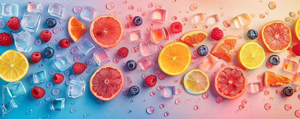A playful backdrop with slices of various berries, citrus fruits, and ice cubes scattered on a gradient background transitioning from blue to pink. The vibrant and colorful arrangement adds a lively A playful backdrop with slices of various berries, citrus fruits, and ice cubes scattered on a gradient background transitioning from blue to pink. The vibrant and colorful arrangement adds a lively