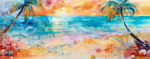 A vibrant watercolor painting of a tropical beach with palm trees swaying in the breeze, turquoise waters, and colorful seashells scattered along the sandy shore. The sky is painted in warm hues of