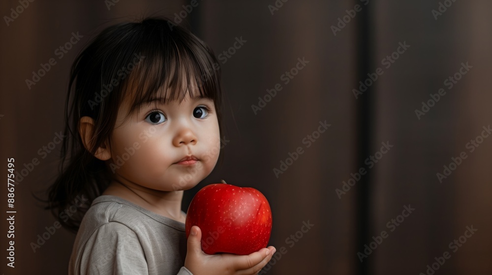 A young girl with dark hair bites into a red apple A young girl with dark hair bites into a red apple
