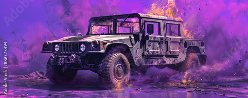 A burning military humvee with fierce flames and swirling smoke, isolated on a vibrant purple photo