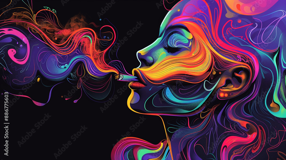 Colourful psychedelic line art along with the abstract smoking woman Colourful psychedelic line art along with the abstract smoking woman