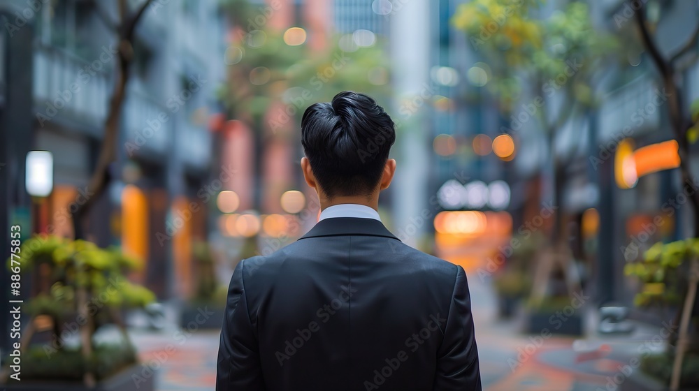 Back view of a businessman in a suit walking through a modern cityscape with bright lights and blurred background, symbolizing ambition and career focus. Back view of a businessman in a suit walking through a modern cityscape with bright lights and blurred background, symbolizing ambition and career focus.
