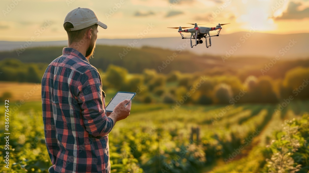 custom made wallpaper toronto digitalFarmer managing his modern farmland with a mobile app and drone on his tablet, IOT and smart farming concept