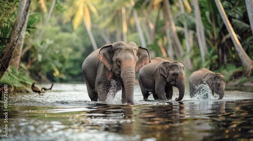 Obraz Manada de tres elefantes en el rio en vida salvaje en la naturaleza. Animal salvaje en un rio tropical.