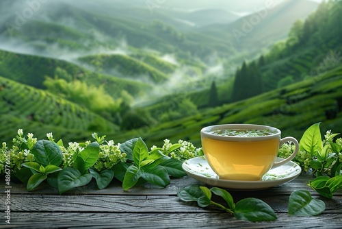 Cup of hot tea and leaf on the wooden table with the tea plantations background