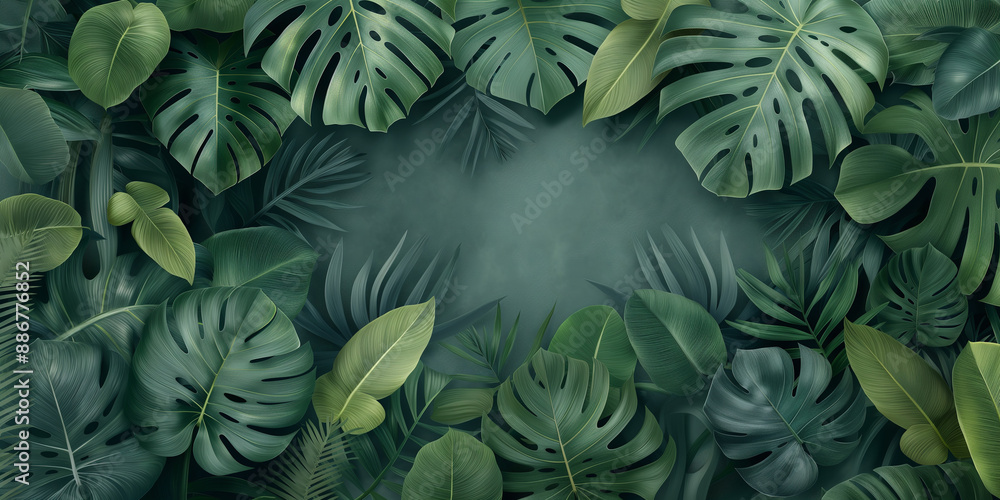 A green leafy background with a large leafy green leaf in the foreground