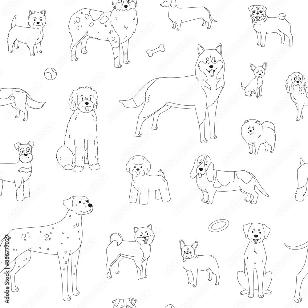 Seamless pattern with different dog breeds. Contour vector illustration of Pomeranian, Australian Shepherd, Goldendoodle, Dalmatian and more. Coloring wallpaper design