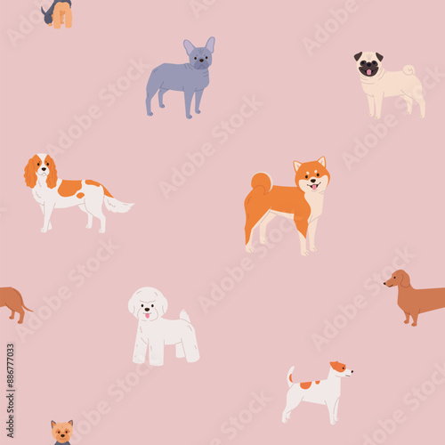 Dogs seamless pattern on pink background. Shiba Inu, Bichon, French Bulldog and more breeds in flat vector style photo